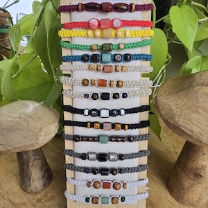 Hand-Tied Gemstone Hemp Bracelet: Adjustable Boho Beaded Jewelry