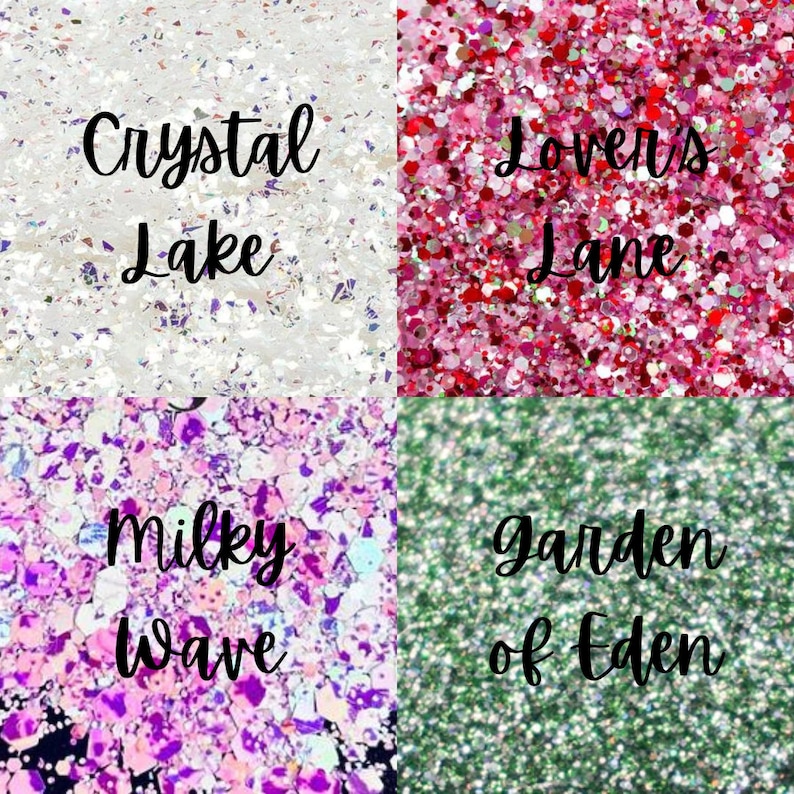 May include: Four different types of glitter, each with a unique color and texture. The glitter is labeled "Crystal Lake", "Lovers Lane", "Milky Wave", and "Garden of Eden".