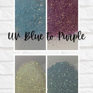 May include: Four samples of glitter that change color in the sun. The top left sample is blue and changes to purple. The top right sample is purple and changes to blue. The bottom left sample is yellow and changes to green. The bottom right sample is green and changes to yellow. The text "I change color in the sun!" is at the top of the image. The text "UV Blue to Purple" is below the top two samples. The text "UV Yellow to Green" is below the bottom two samples. The text "Please note these are NOT ombr&eacute; pens, they are solid color changing." is at the bottom of the image.