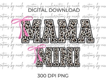 Leopard MAMA & MINI Matching Shirts PNG Download with Pink Bow Design Valentine's Day Mother's Day