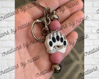 Mauve Beaded Bear Paw Print Keychain: Lobster Clasp Key Ring