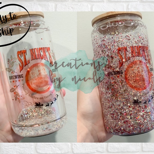 16 oz. Glitter Glass Can Double Wall Snow Globe Tumbler Cup St. Nicks Brewing Company Christmas Xmas Bamboo Valentine's Day Gift Easter