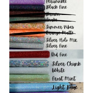 May include: A collection of 14 different colored glitter and solid color polymer clay sticks. The sticks are labeled with names like "B&W Dots", "Peaches", "Periwinkle", "Black Fine", "Summer Vibes", "Silver Holo Mix", "Red Fine", "Silver Chunk", "White", "Frost Mint", "Light Blue", and "Iced Orchids".