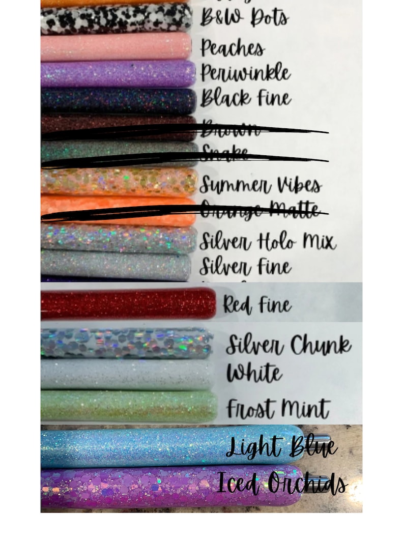 May include: A collection of 14 different colored glitter and solid color polymer clay sticks. The sticks are labeled with names like "B&W Dots", "Peaches", "Periwinkle", "Black Fine", "Summer Vibes", "Silver Holo Mix", "Red Fine", "Silver Chunk", "White", "Frost Mint", "Light Blue", and "Iced Orchids".