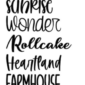 May include: A list of names written in a handwritten style. The names are: Skinny, Bold Bee, Sunrise, Wonder, Rollcake, Heartland, Farmhouse, Timberly, and Sophia.