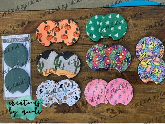 Neoprene Car Coasters: Retro Floral, Groovy Stars, Halloween Pumpkin (Set of 2)