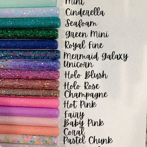 May include: A collection of 15 glitter-filled tubes, each with a different color and name. The colors include mint, seafoam, green, blue, purple, pink, and coral. The names include Sub-Zero, Mint, Cinderella, Seafoam, Green Mini, Royal Fine, Mermaid Galaxy, Unicorn, Holo Blush, Holo Rose, Champagne, Hot Pink, Fairy, Baby Pink, Coral, Pastel Chunk, and Pink Opal.