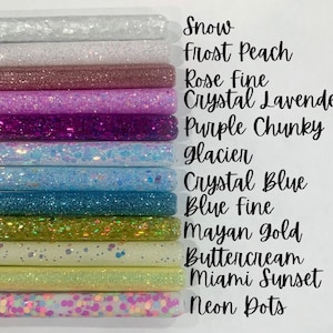 May include: A collection of 12 glitter tubes in various colors, including snow, frost peach, rose fine, crystal lavender, purple chunky, glacier, crystal blue, blue fine, Mayan gold, buttercream, Miami sunset, and neon dots.