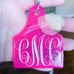 Monogram Cow Tag Keychain: Custom Glitter Ear Tag Key Ring