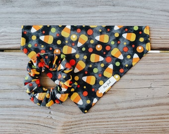 May include: Black bandana with a candy corn and polka dot pattern. The bandana has a white tag that says "Paw York". A black scrunchie with the same candy corn and polka dot pattern is also in the image.
