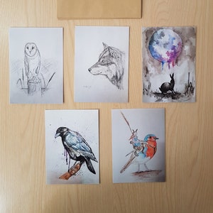 Animal & Birds A6 postcards | set of 6 designs | Mix and match | Wildlife and Fantasy | Watercolour, Pencil and Silverpoint