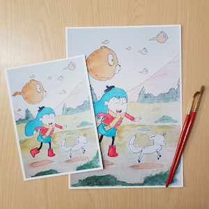 Hilda and Twig Print | Landscape Watercolour art painting | Fantasy art | Fanart to Hilda | Cartoon Art | Netflix Cartoon | Hilda art print