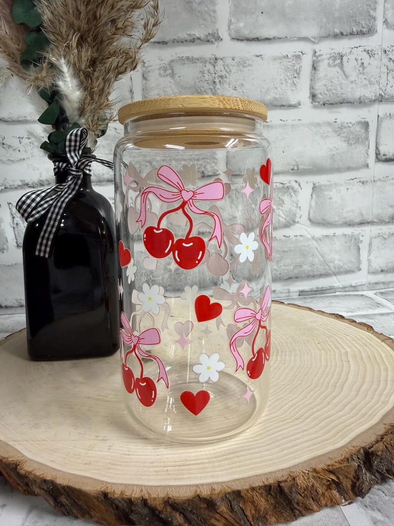 Cherry Coquette Glass Can, Bamboo Lid & Straw, Valentine's Gift - Etsy
