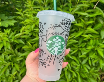 Blessed mama Starbucks Cup- Cold Cup- Iced Coffee- Flower Cup- 24 oz cup