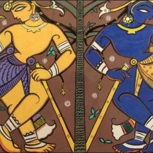 Pintura original feita à mão - cópia da famosa obra-prima Jamini Roy - Decoração para casa - Arte de reprodução - Ideias exclusivas para presentes - Iskon Not Print - Arte vintage