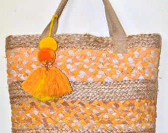 Unique woven bag-Jute Straw bag-cotton fabric bag-Beach summer basket-tote bag-fashion accessories-ECO Friendly-colorful bags-Handmade Bag