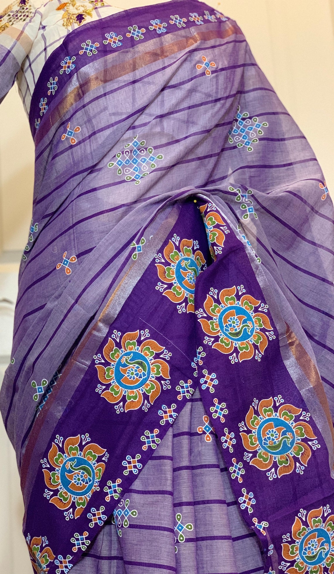 Pretty Rangoli Saree in cotton with kolam print motifs Etsy