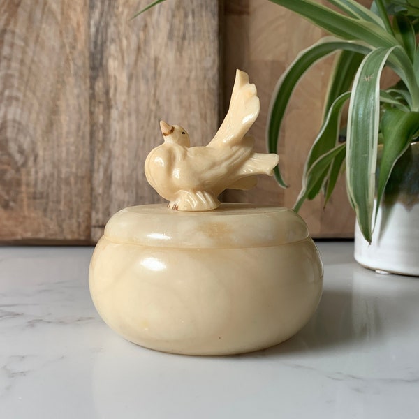 Vintage Alabaster Lidded Bird Trinket Box With Beige / Yellow Finish, With Dove On Lid