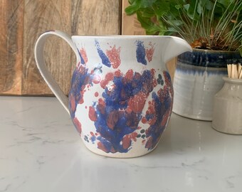 Vintage Art Pottery Jug: Hand-Painted Red & Blue Abstract Design
