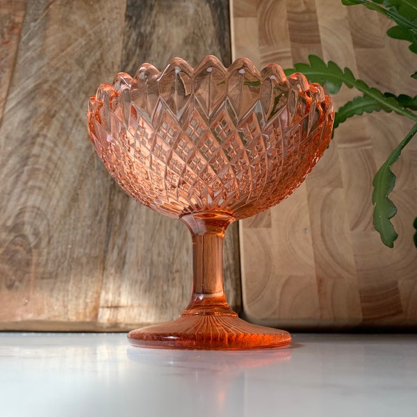 Antique Victorian Davidson Pink Depression Glass Pedestal Bowl in Diamonds and Mitres Pattern Rd 254027 1st May 1895