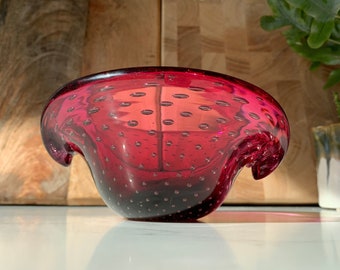 Murano Pink Glass Clam Bowl, Art Glass Bullicante Shell Dish, Controlled Bubble Blown Glass, Seguso Dalla Venezia c1960s