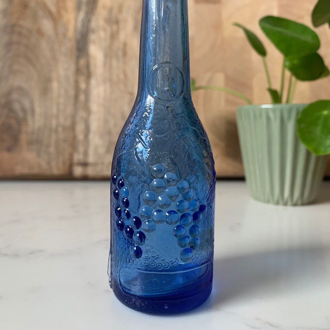 Small Vintage Blue Glass Bottle Embossed with Grapes & Vine Etsy