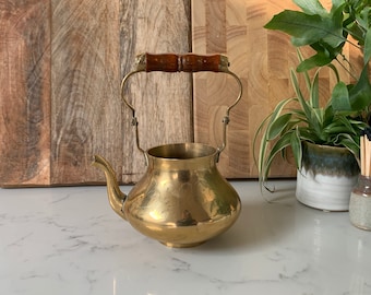 Small Ornamental Vintage Brass Kettle / Teapot With Wooden Handle, Vintage Kitchen Decor