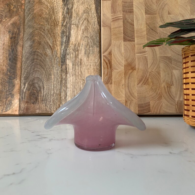 May include: A light pink and white glass flower vase with a unique, organic shape. The vase has a wide, open top and a narrow base.