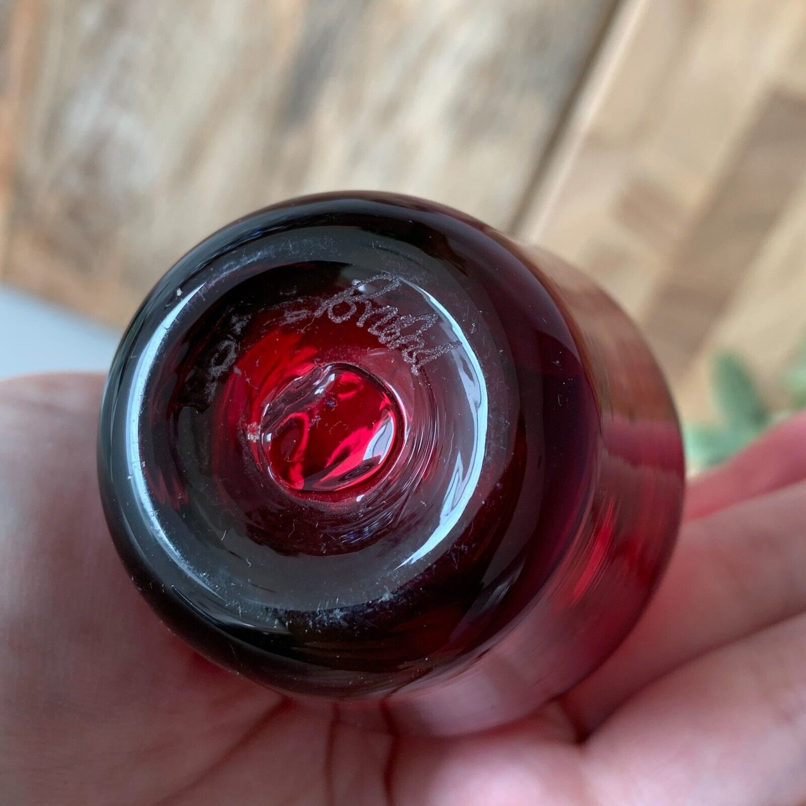 Thumb Print Cranberry Glass Vase Ribbon Handle (RHA) Thumb Print Cranberry Glass Vase Ribbon Handle (RHA)