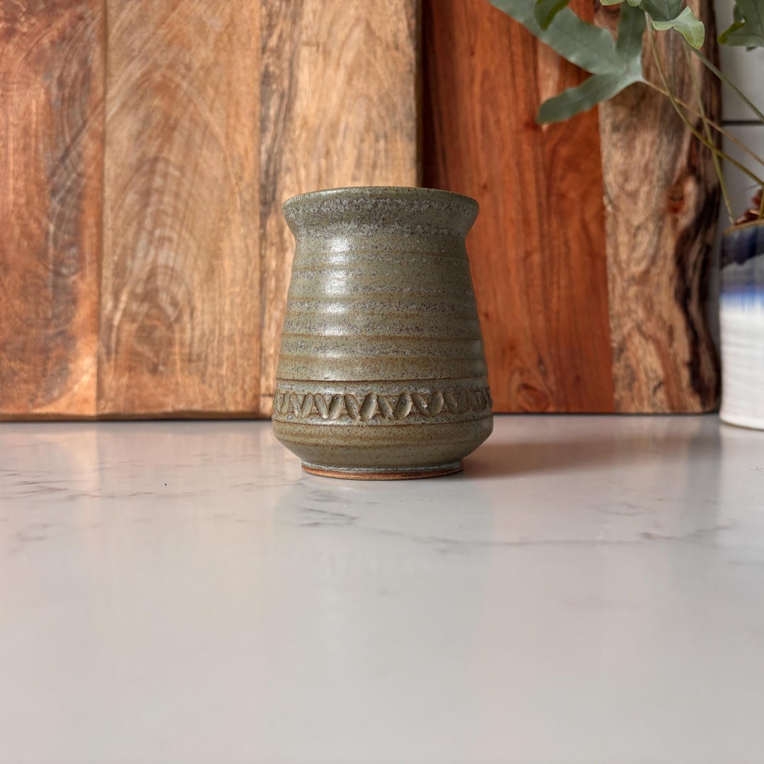 Green Studio Pottery Hand Thrown Short Vase or Pot, Imprinted Design ...
