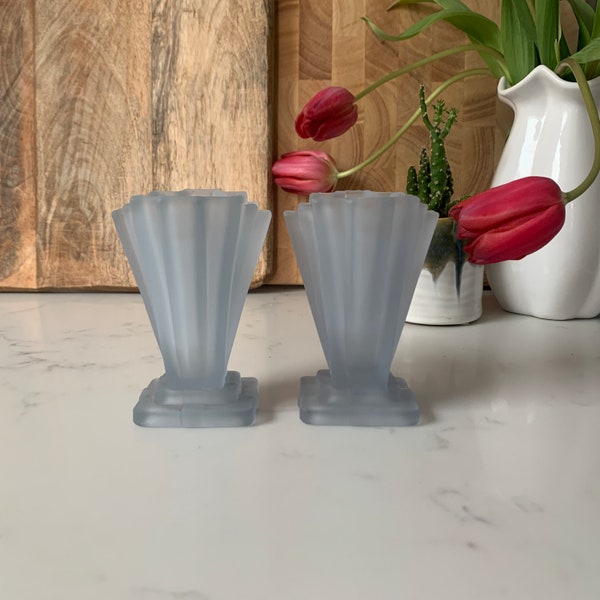 Blue Bagley Frosted Glass Grantham Vases, Pair Small Vases, 4" Catalogue Number 334 1930s, Art Deco Glass