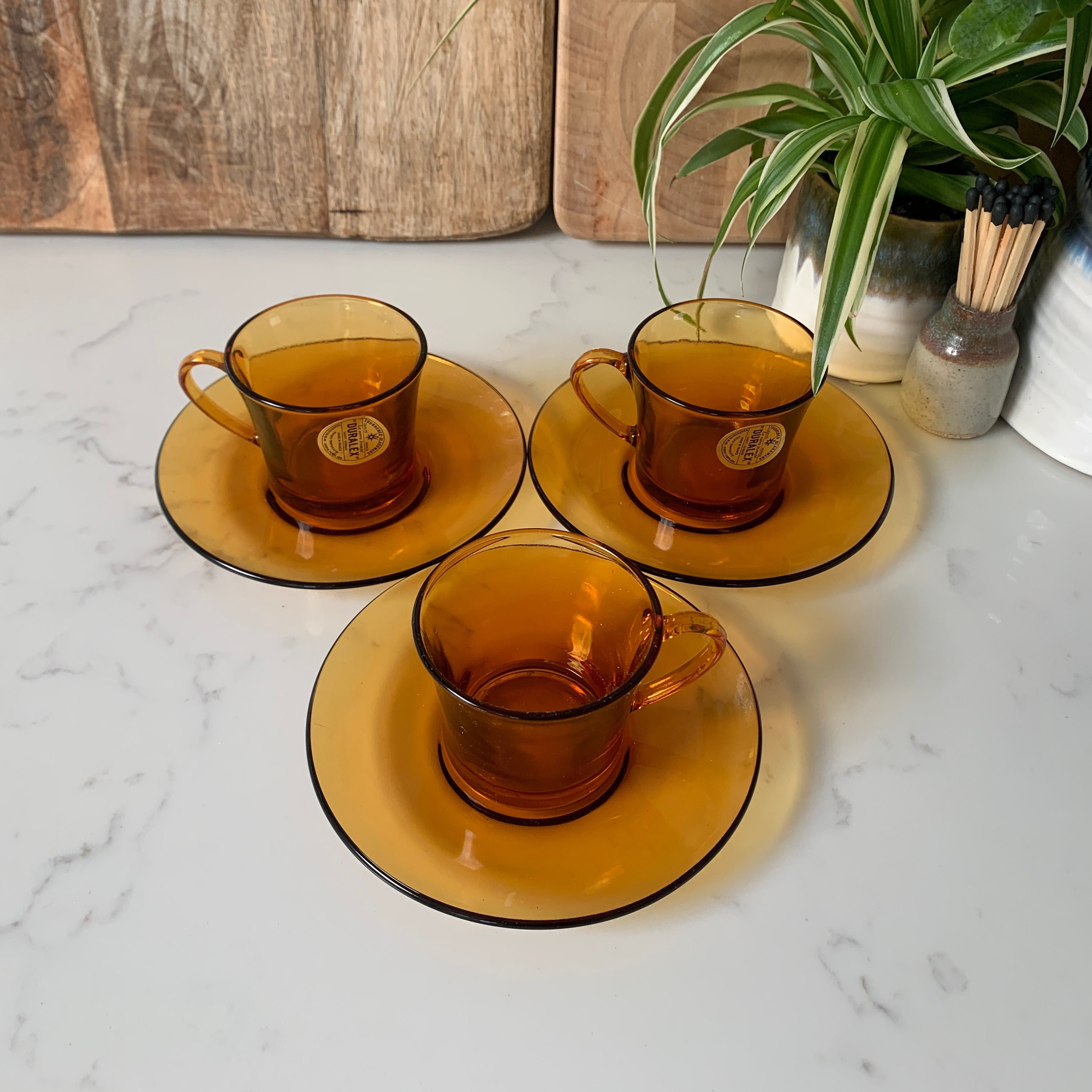 Duralex Set of 3 Orange Coffee / Espresso Cups and Saucers 