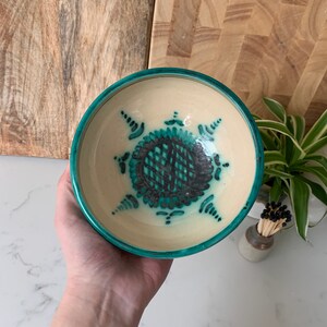 Vintage Handmade and Painted Art Pottery Bowl in Green & Cream, Trinket Dish