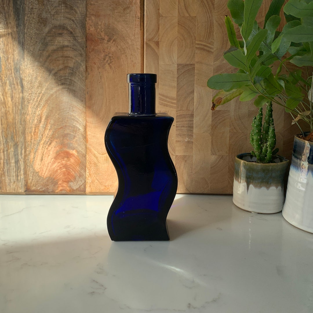 Vintage Dark Blue Wavy Glass Bottle Collectible Glass Etsy