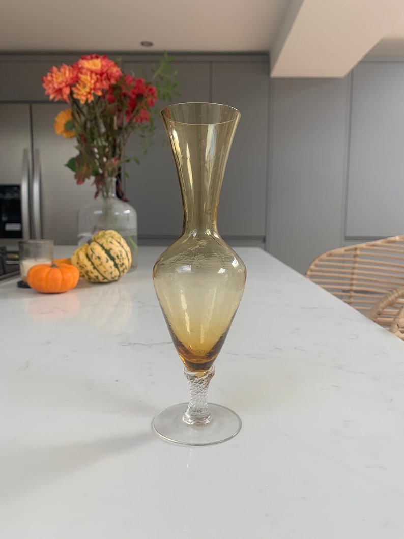 Amber Orange Delicate Small Glass Bud Vase With Clear Twisted Stem