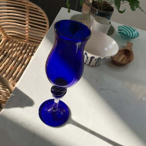 Vintage Cobalt Blue & Clear Art Glass Vase, Mid-Century Cobalt Stemmed Goblet Vase c1960s