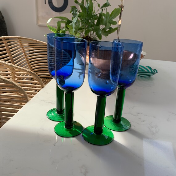 Vintage Rustic Blue & Green Stemmed Drinking Glasses / Wine Etsy