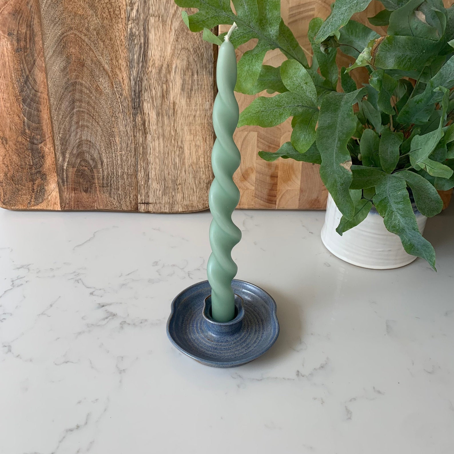 Blue Ceramic Thick Taper Candle Holder With Pinched Rims Etsy