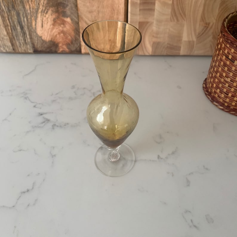 Amber Orange Delicate Small Glass Bud Vase With Clear Twisted Stem