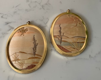 Pair Small Vintage Dried Pressed Flower Sunset Scenes In Oval Gold Toned Frames