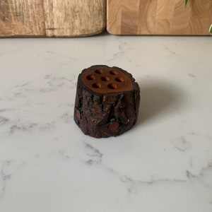 May include: A wooden pencil holder shaped like a tree stump with eight holes for pencils. The holder is made of dark brown wood with a rough bark texture.