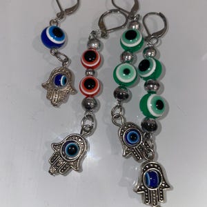 Evil Eye Dangle Earrings with Hamsa Hand Pendants for Women | Lampwork Evil Eye Protection Dangle Earrings |Spiritual Jewelry for Protection