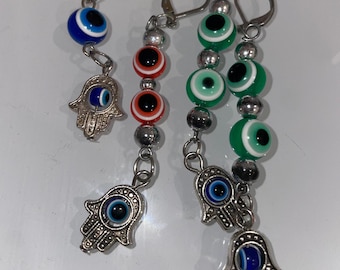 Evil Eye Dangle Earrings with Hamsa Hand Pendants for Women | Lampwork Evil Eye Protection Dangle Earrings |Spiritual Jewelry for Protection