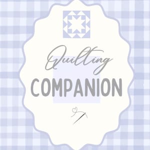 May include: A light purple and white gingham patterned background featuring a central scalloped white label. The label displays a geometric star quilt block icon, the text "Quilting COMPANION" in gray, and a small needle and heart icon below.