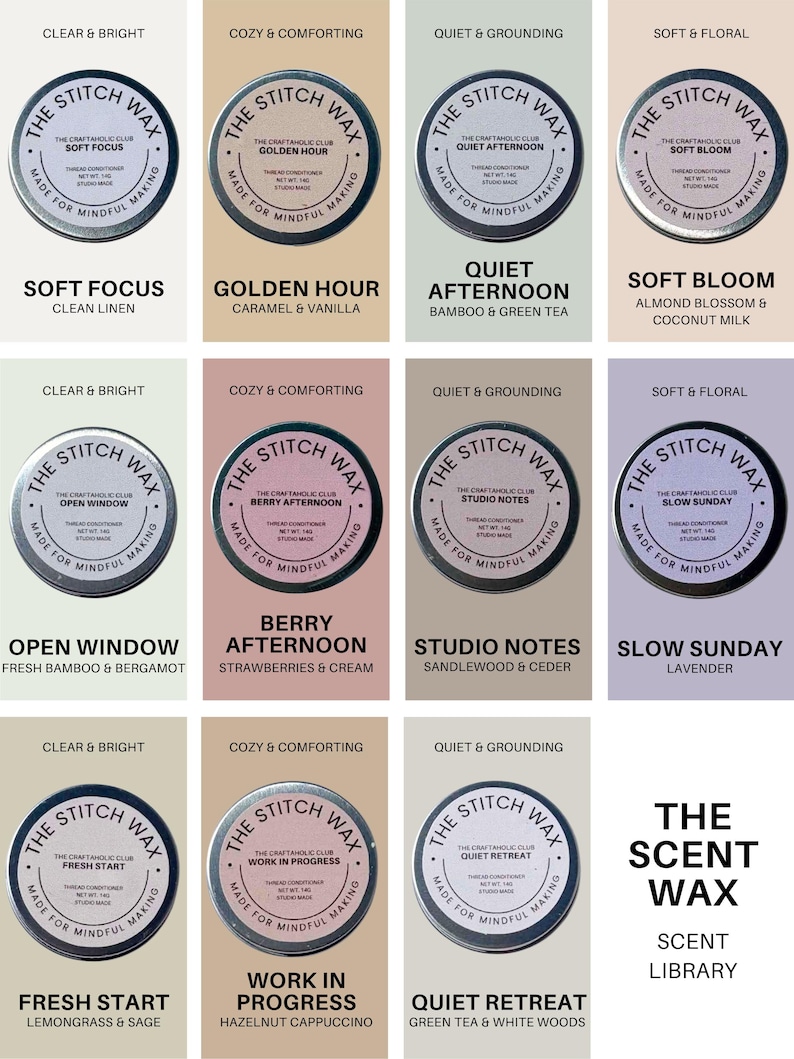 May include: A collection of eleven round tins of The Stitch Wax thread conditioner, each featuring a unique scent name and description. The labels include Soft Focus, Golden Hour, Quiet Afternoon, Soft Bloom, Open Window, Berry Afternoon, Studio Notes, Slow Sunday, Fresh Start, Work in Progress, and Quiet Retreat, with the text The Scent Wax Scent Library.