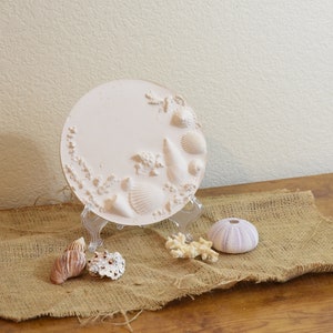 May include: A white ceramic round plate with a raised design of seashells and seaweed. The plate is on a small clear stand and is surrounded by seashells and a starfish on a hessian surface.
