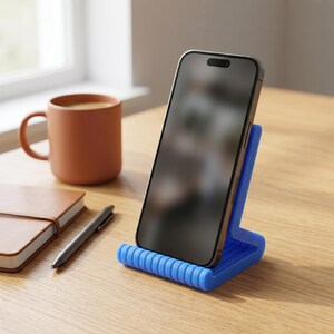 May include: A black smartphone is propped up on a bright blue phone stand. The stand has a ribbed base and a simple, functional design. A brown mug, a notebook, and a pen are on a wooden desk.