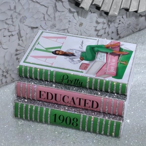 AKA Sorority - Alpha Kappa Alpha 1908 - Custom Made Bling Glam Books (Stack of 3) - Green/Pink (Books Lady)