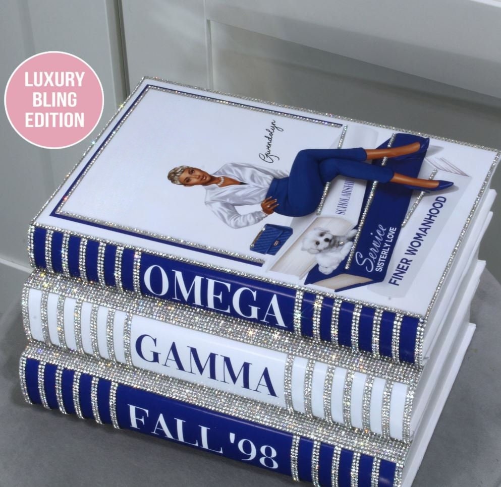 Zeta Phi Beta Sorority Colors Glam Gift Custom Made Bling Glam Books stack  of 3 Blue/white boss Babe 