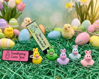 May include: An Easter-themed display featuring colorful eggs, chicks, and bunny-duck figurines. The scene includes a sign that reads "Somebunny Loves You" and another that says "You've been Bunny-duckt!" with a bunny graphic. The background has flowers and green grass.